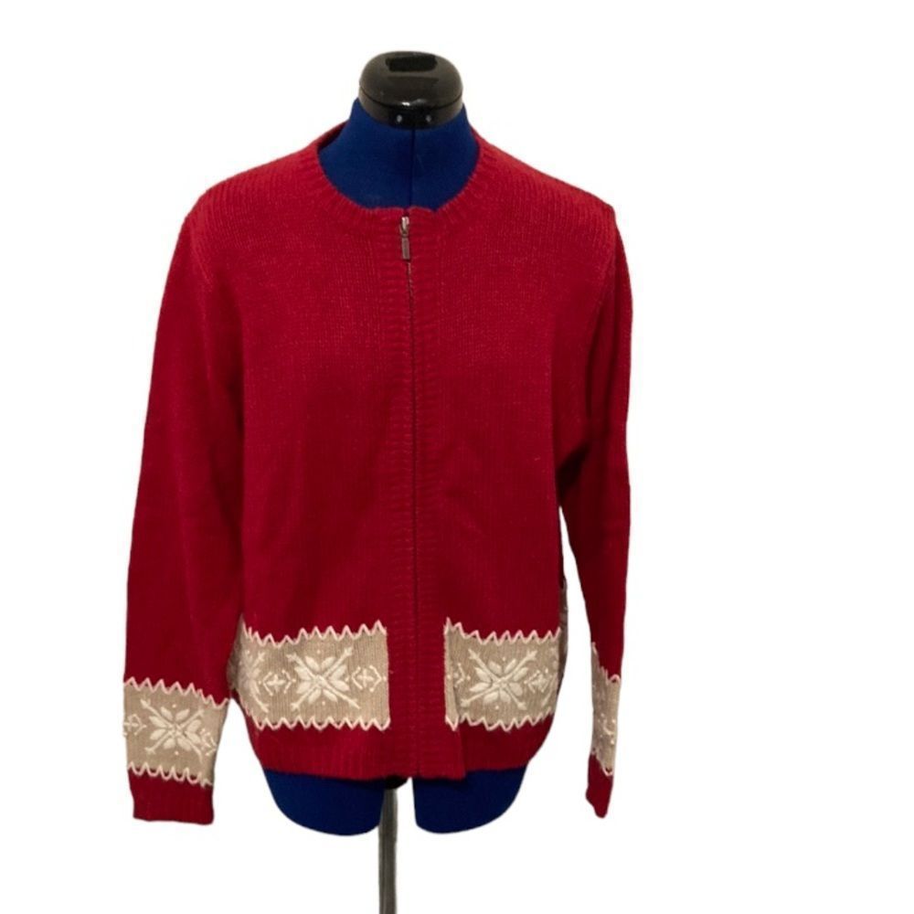 Size large wool blend zip up red sweater with white lace pit to pit is 21 inches
